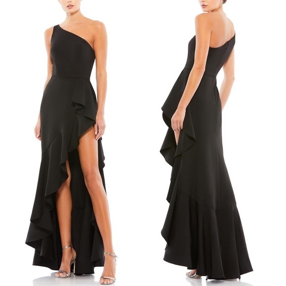 Ieena for Mac Duggal NWT One Shoulder Ruffle Slit Black Maxi Dress S (6) - Picture 1 of 8